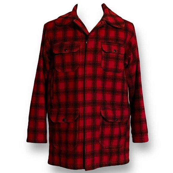 Woolrich Vintage 1960s Mens Mackinaw Hunting Jacket Sz 40 L Long Red Plaid Wool